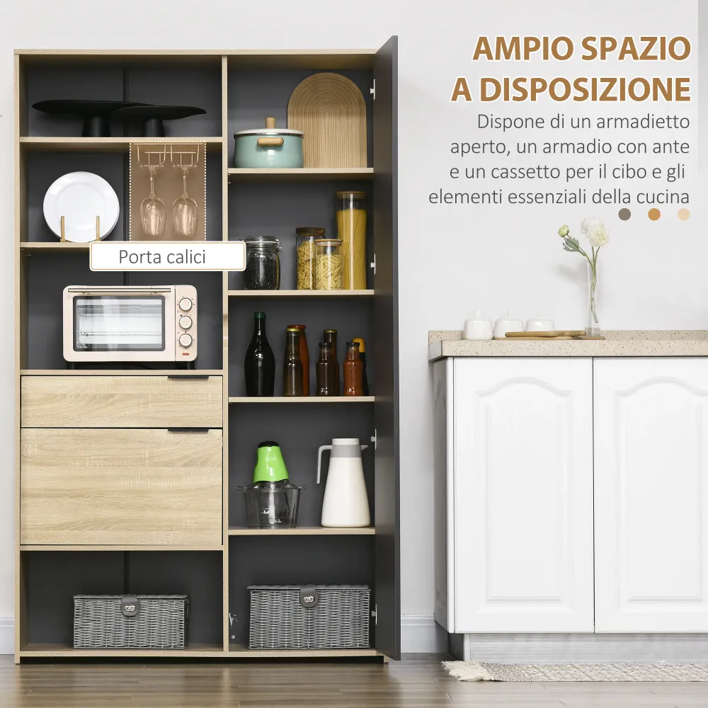 Easycomfort Credenza Moderna con Armadietto, Cassetto e Porta Calici, 110x41.5x180cm, Legno Naturale e Grigio