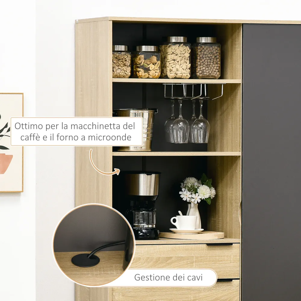 Easycomfort Credenza Moderna con Armadietto, Cassetto e Porta Calici, 110x41.5x180cm, Legno Naturale e Grigio