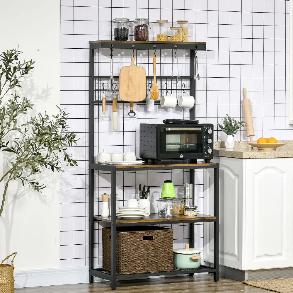 Easycomfort Mobile Cucina 4 Livelli con Griglia e Ganci Portaoggetti, Acciaio e Truciolato, 84.4x40x170 cm