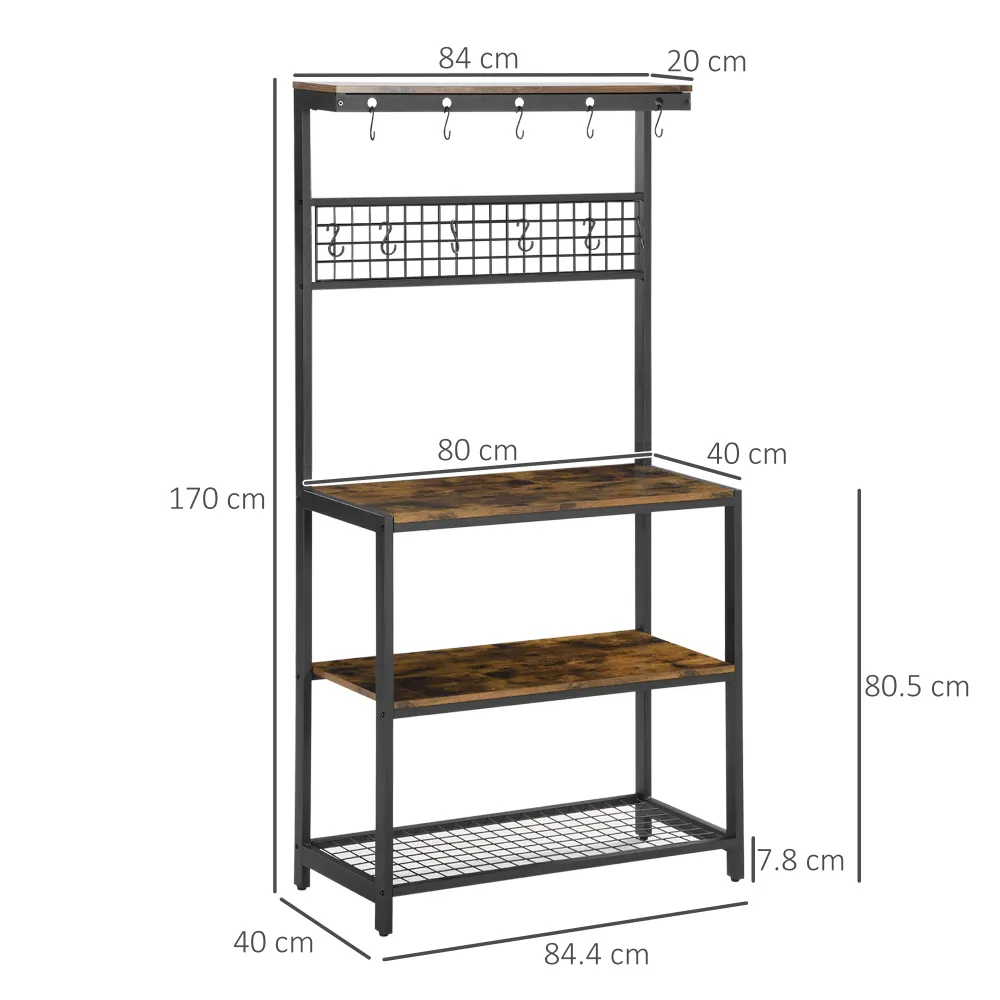 Easycomfort Mobile Cucina 4 Livelli con Griglia e Ganci Portaoggetti, Acciaio e Truciolato, 84.4x40x170 cm