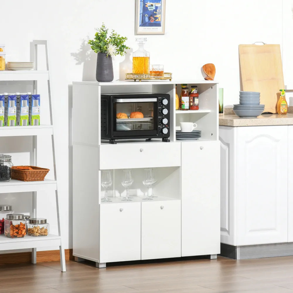 Easycomfort Mobile Cucina per Microonde con Armadietti, Mensole e Cassetto, Credenza Moderna Legno 90x40x120cm Bianco
