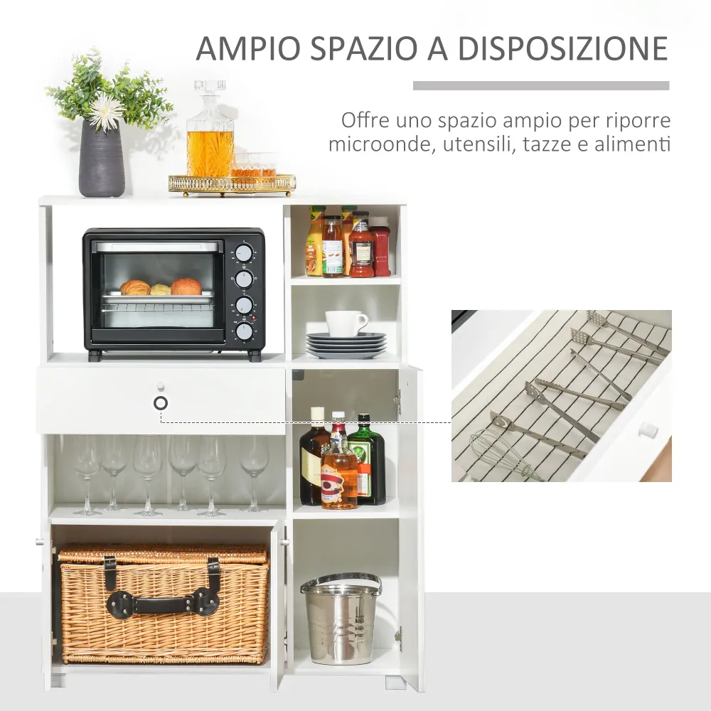 Easycomfort Mobile Cucina per Microonde con Armadietti, Mensole e Cassetto, Credenza Moderna Legno 90x40x120cm Bianco