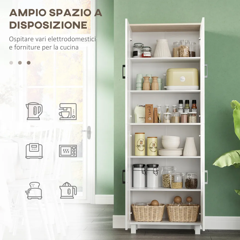 EasyComfort Mobile Dispensa da Cucina Legno con 5 Ripiani Regolabili e 4 Ante, 60x30x170.5 cm, Bianco e color Legno