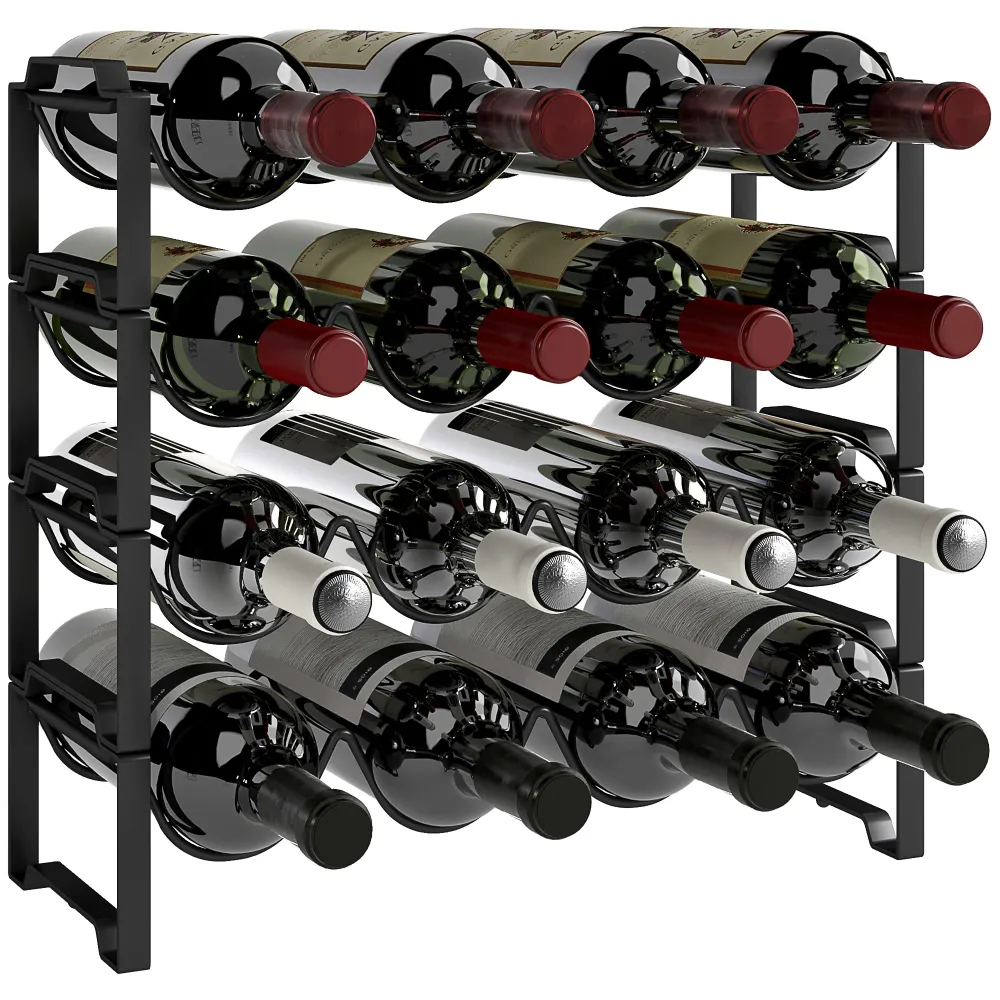EasyComfort Portabottiglie 4 Livelli Onda Impilabili per 16 Bottiglie, Metallo, 42.5x16.5x41 cm, Nero