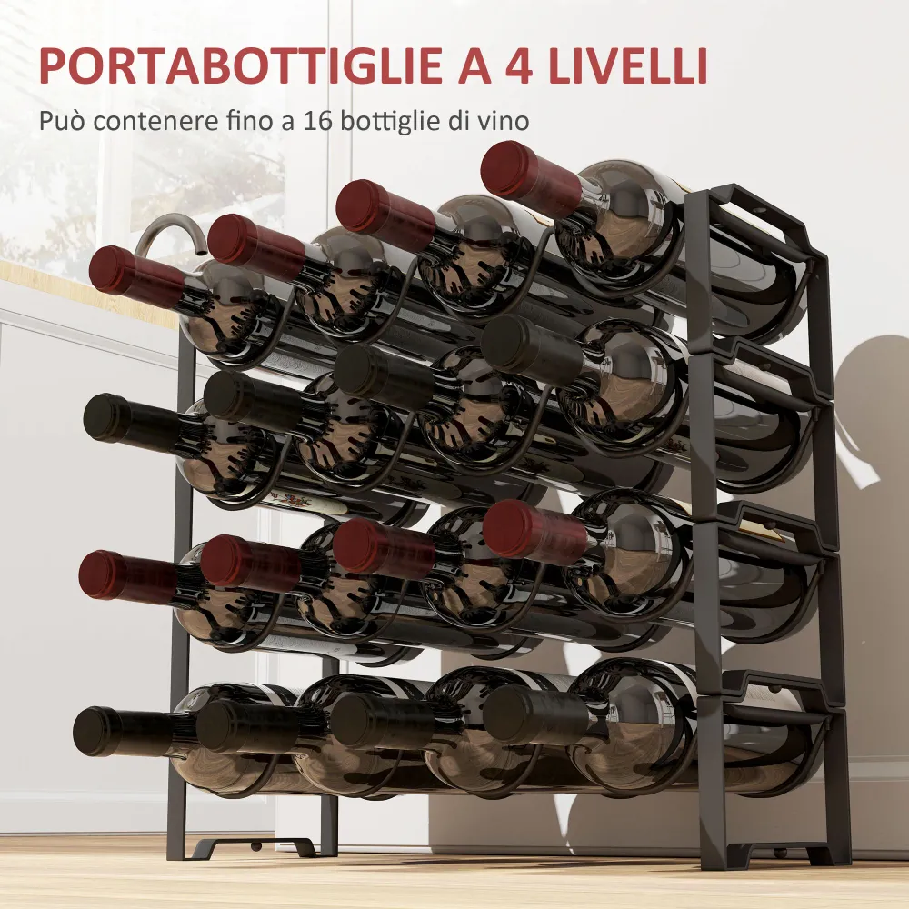 EasyComfort Portabottiglie 4 Livelli Onda Impilabili per 16 Bottiglie, Metallo, 42.5x16.5x41 cm, Nero