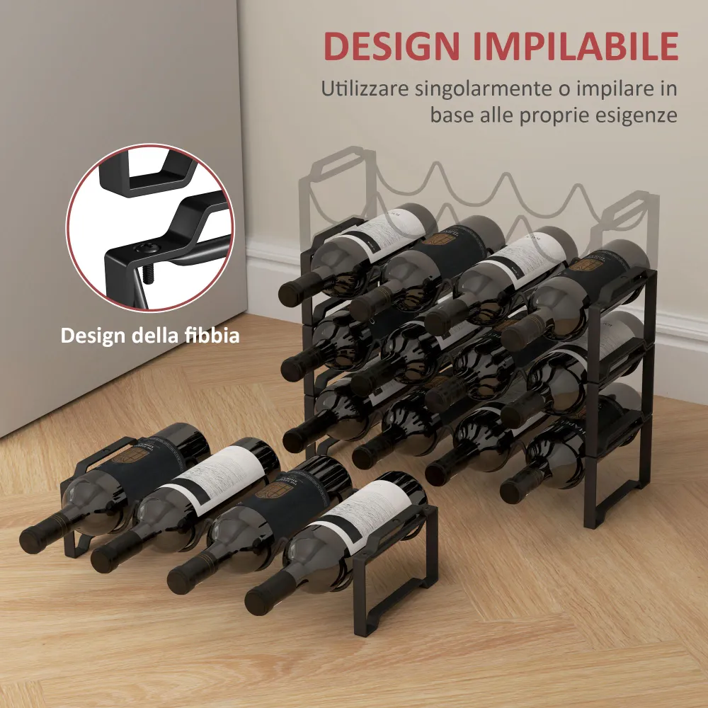 EasyComfort Portabottiglie 4 Livelli Onda Impilabili per 16 Bottiglie, Metallo, 42.5x16.5x41 cm, Nero