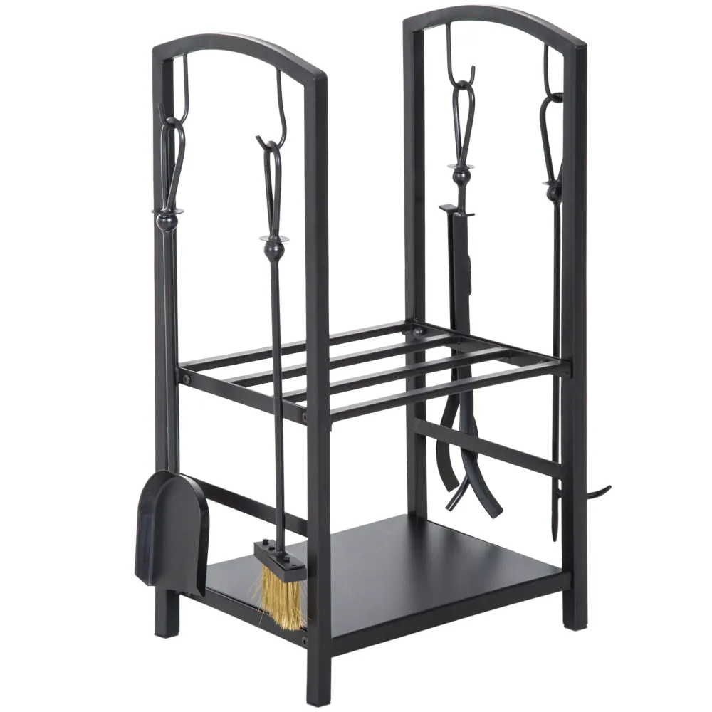 Easycomfort Portalegna Elegante Metallo Su 2 Livelli Con 4 Utensili da Camino Robusto e di Qualità 40x30x74.5cm Nero
