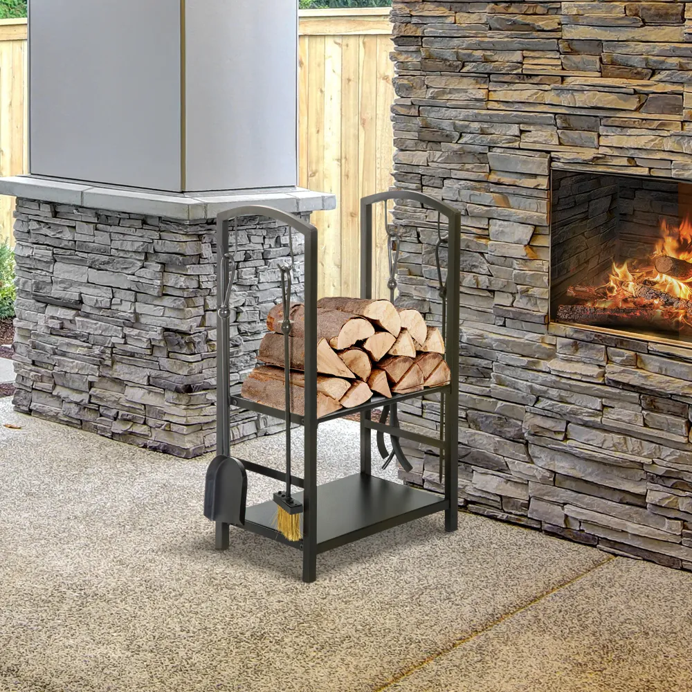 Easycomfort Portalegna Elegante Metallo Su 2 Livelli Con 4 Utensili da Camino Robusto e di Qualità 40x30x74.5cm Nero