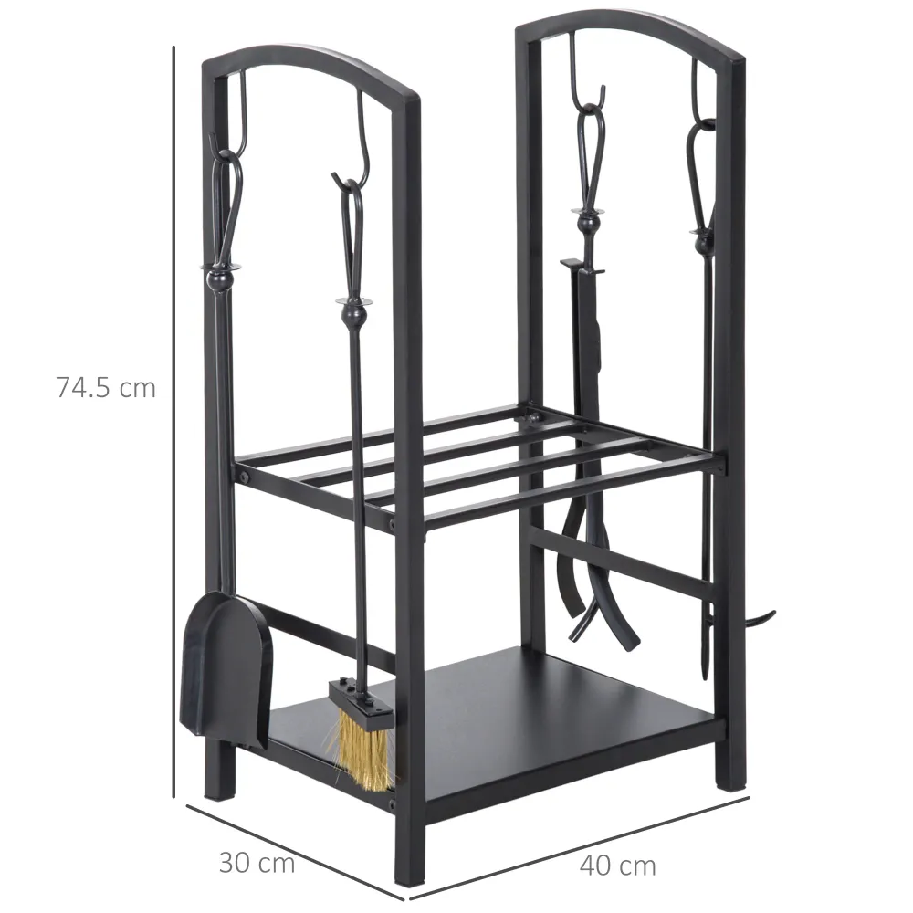 Easycomfort Portalegna Elegante Metallo Su 2 Livelli Con 4 Utensili da Camino Robusto e di Qualità 40x30x74.5cm Nero