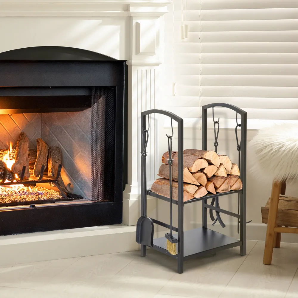 Easycomfort Portalegna Elegante Metallo Su 2 Livelli Con 4 Utensili da Camino Robusto e di Qualità 40x30x74.5cm Nero