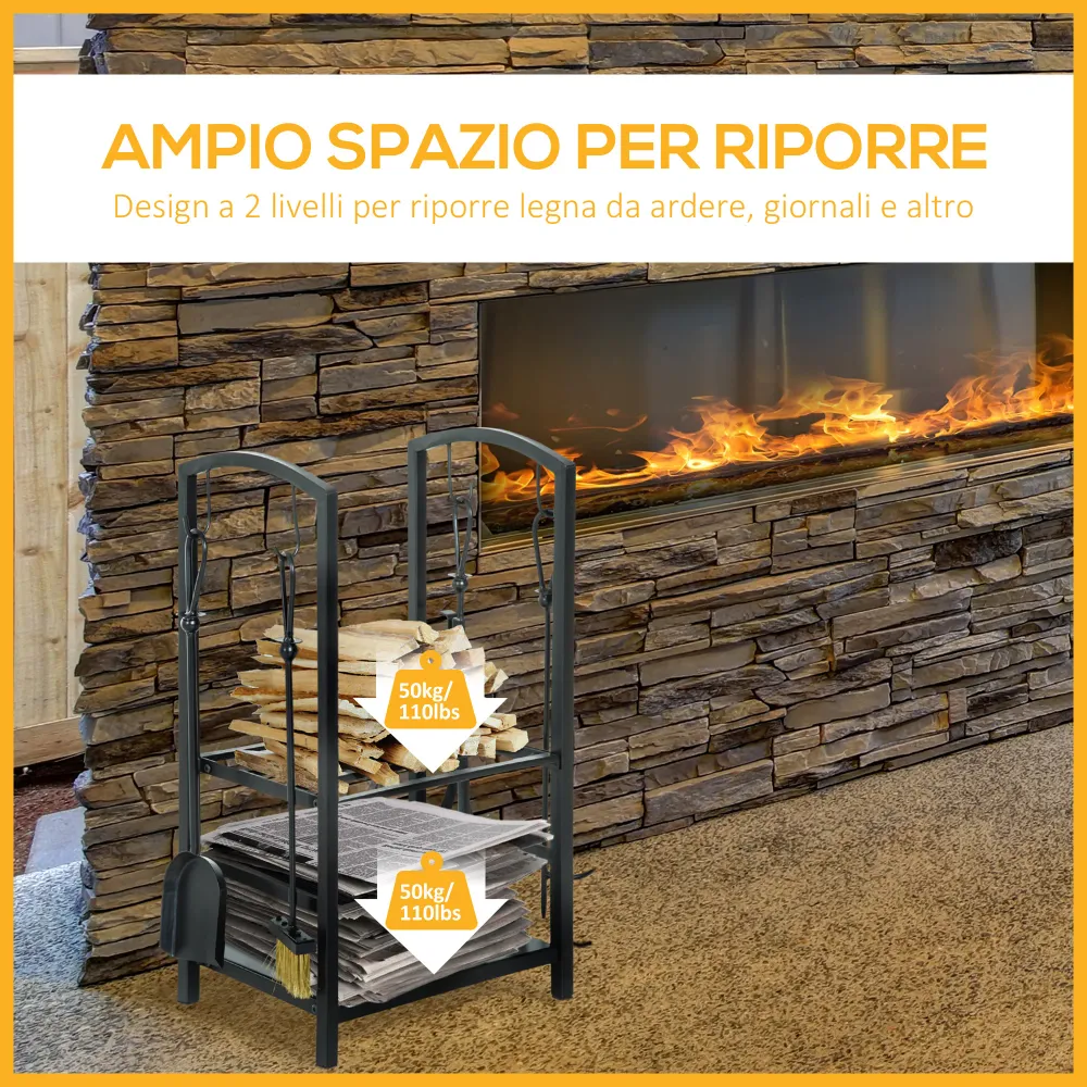 Easycomfort Portalegna Elegante Metallo Su 2 Livelli Con 4 Utensili da Camino Robusto e di Qualità 40x30x74.5cm Nero