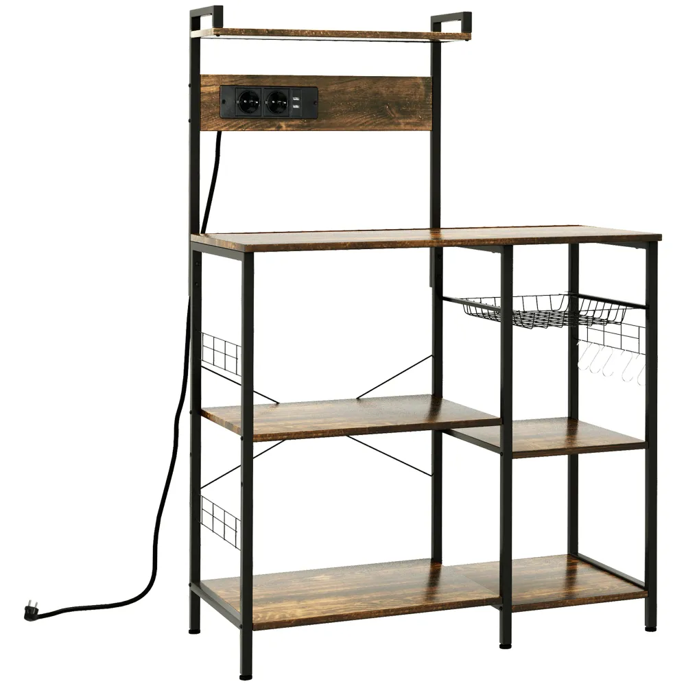 EasyComfort Scaffale Cucina Multipresa per Microonde con Ripiani e Cestino Rete, 90x42x130cm, Marrone