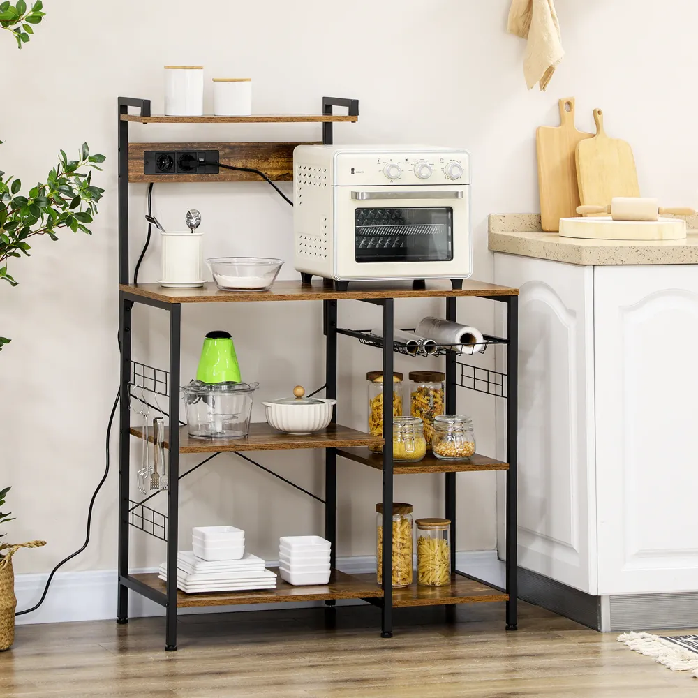 EasyComfort Scaffale Cucina Multipresa per Microonde con Ripiani e Cestino Rete, 90x42x130cm, Marrone