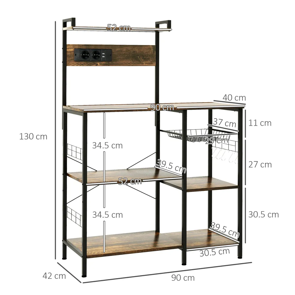 EasyComfort Scaffale Cucina Multipresa per Microonde con Ripiani e Cestino Rete, 90x42x130cm, Marrone