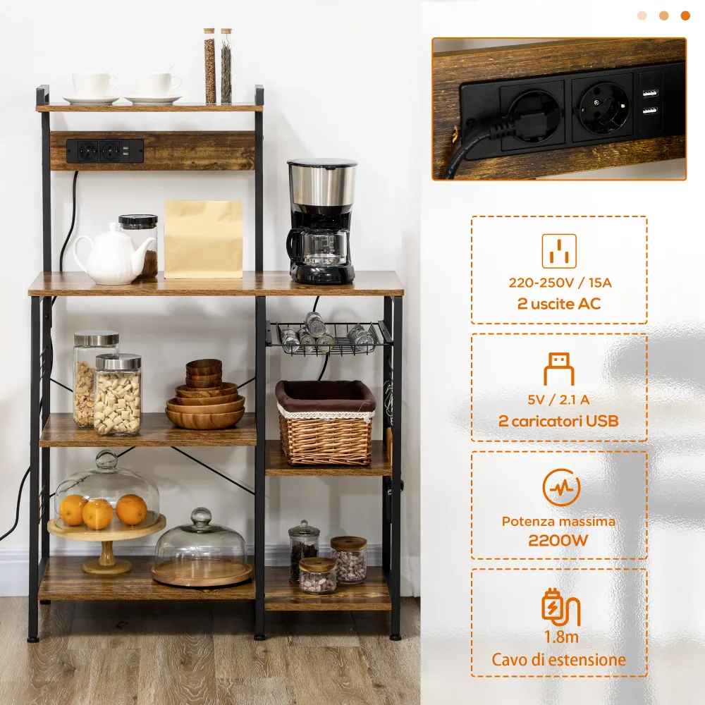 EasyComfort Scaffale Cucina Multipresa per Microonde con Ripiani e Cestino Rete, 90x42x130cm, Marrone