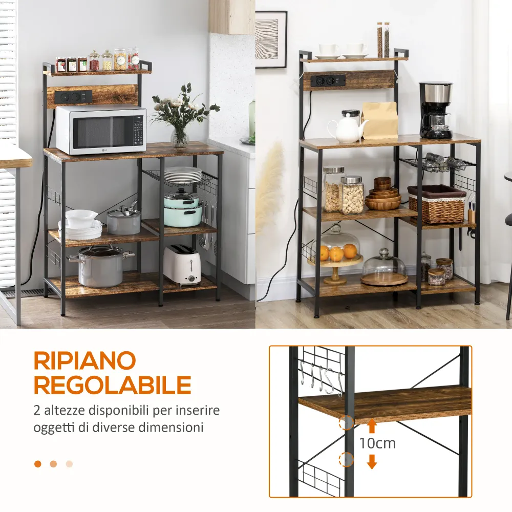EasyComfort Scaffale Cucina Multipresa per Microonde con Ripiani e Cestino Rete, 90x42x130cm, Marrone