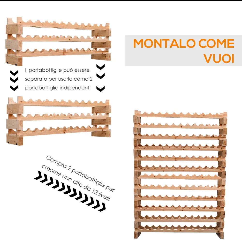 EasyComfort Scaffale Portabottiglie Legno di Pino, Cantinetta con 6 Ripiani, Max 72 Bottiglie (100 kg), 114 x 28 x 80 cm