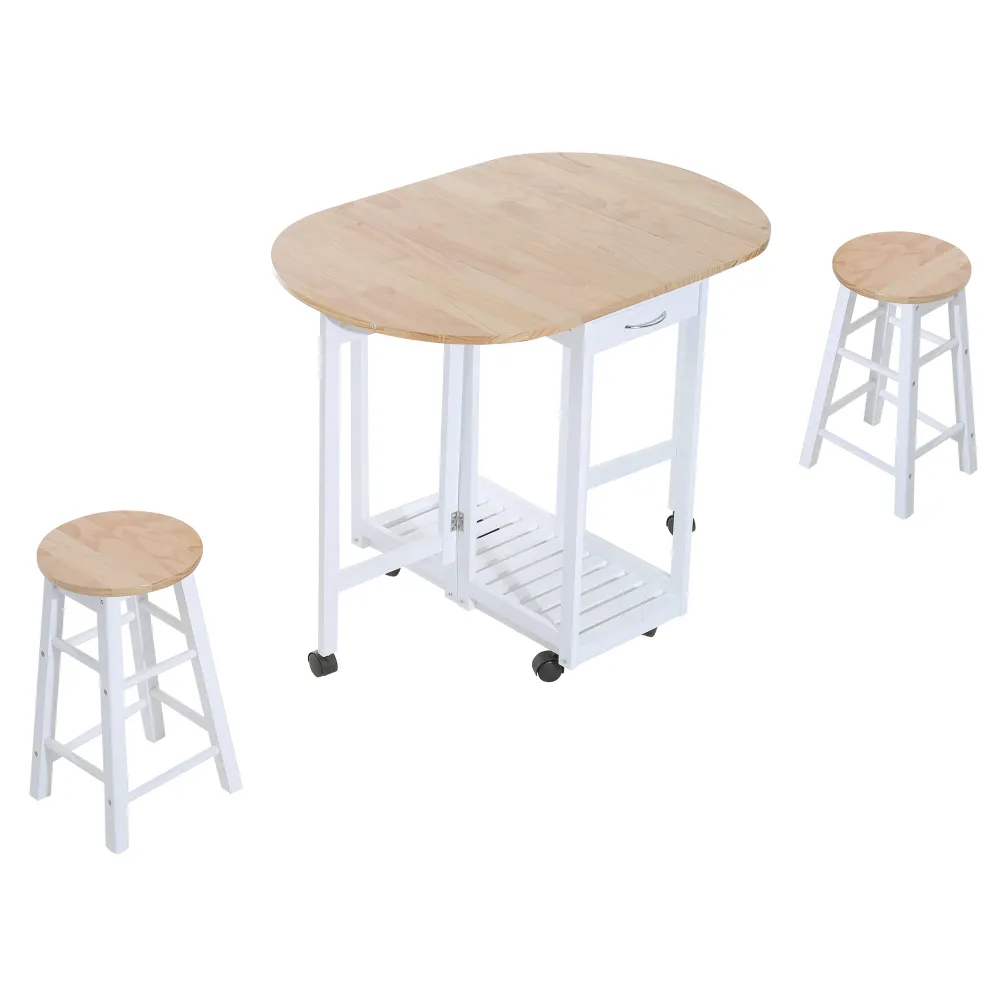 Easycomfort Set 3 Pezzi Tavolo Pieghevole da Cucina e 2 Sgabelli Salvaspazio - Bianco e Legno