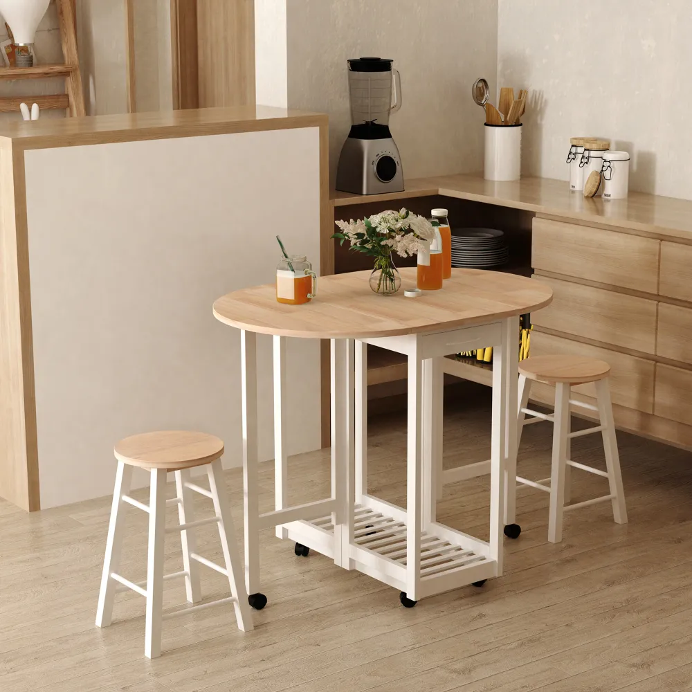 Easycomfort Set 3 Pezzi Tavolo Pieghevole da Cucina e 2 Sgabelli Salvaspazio - Bianco e Legno