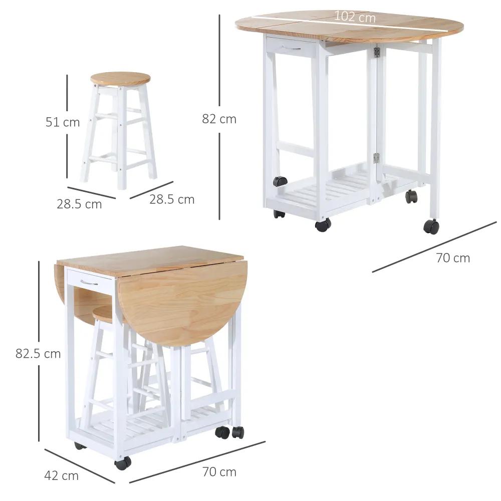 Easycomfort Set 3 Pezzi Tavolo Pieghevole da Cucina e 2 Sgabelli Salvaspazio - Bianco e Legno