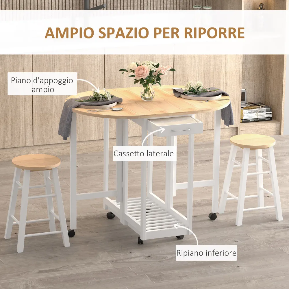 Easycomfort Set 3 Pezzi Tavolo Pieghevole da Cucina e 2 Sgabelli Salvaspazio - Bianco e Legno