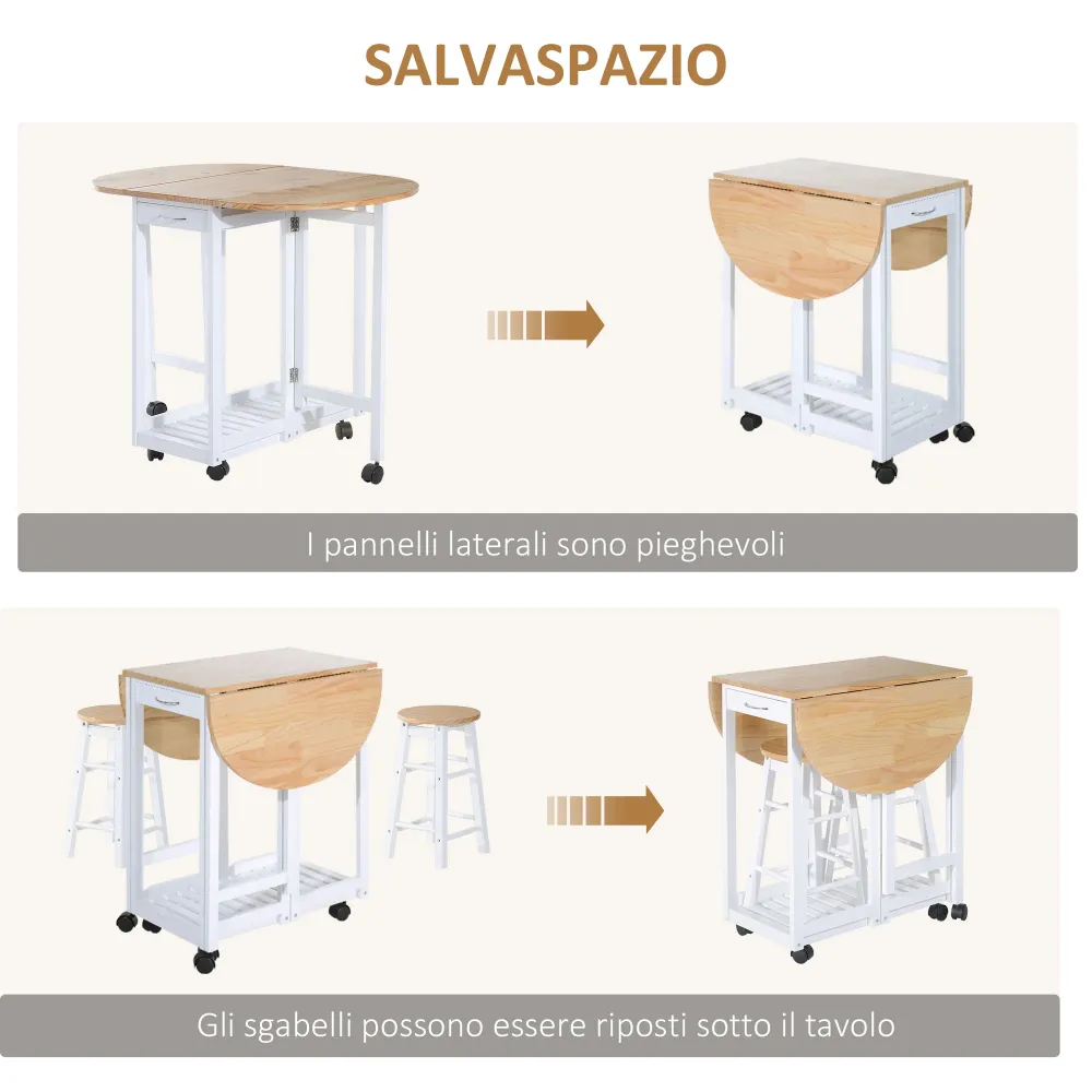 Easycomfort Set 3 Pezzi Tavolo Pieghevole da Cucina e 2 Sgabelli Salvaspazio - Bianco e Legno