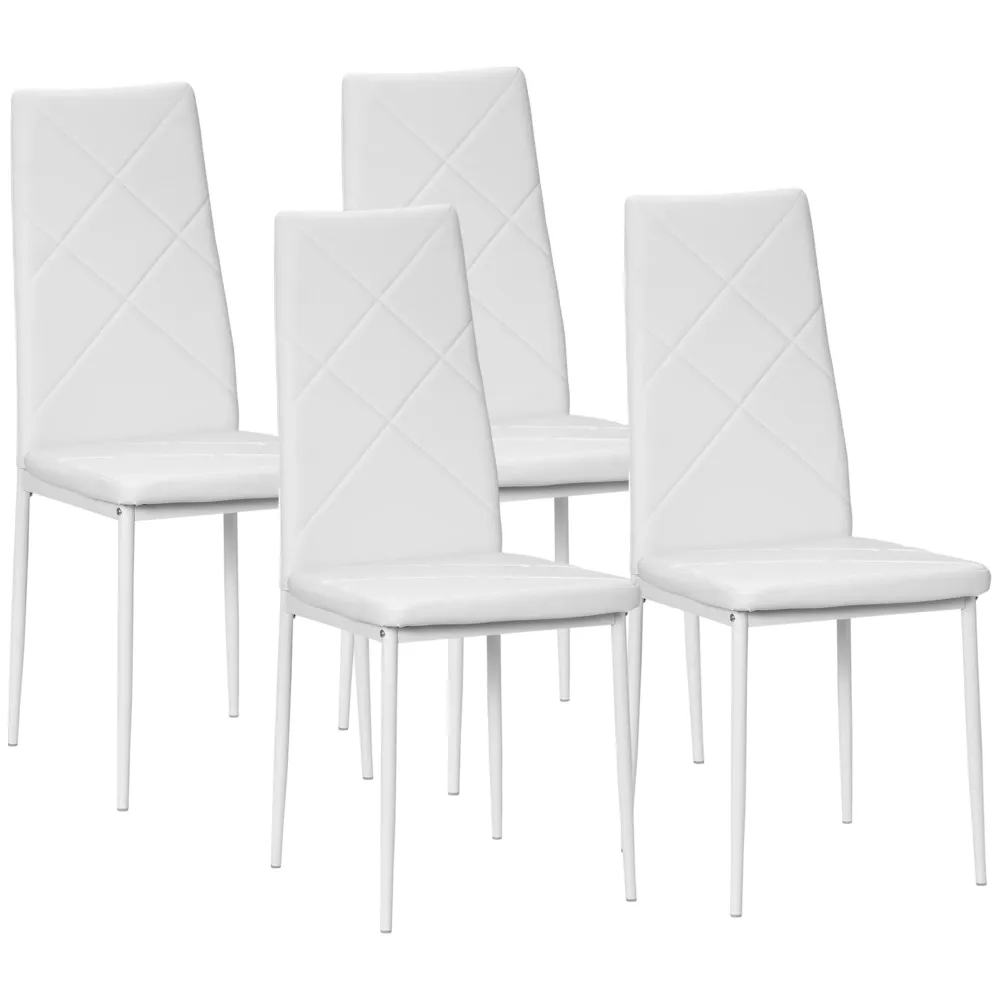 Easycomfort Set di 4 Sedie da Pranzo con Schienale Alto Finta Pelle e Acciaio, 41x50x97cm, Bianco