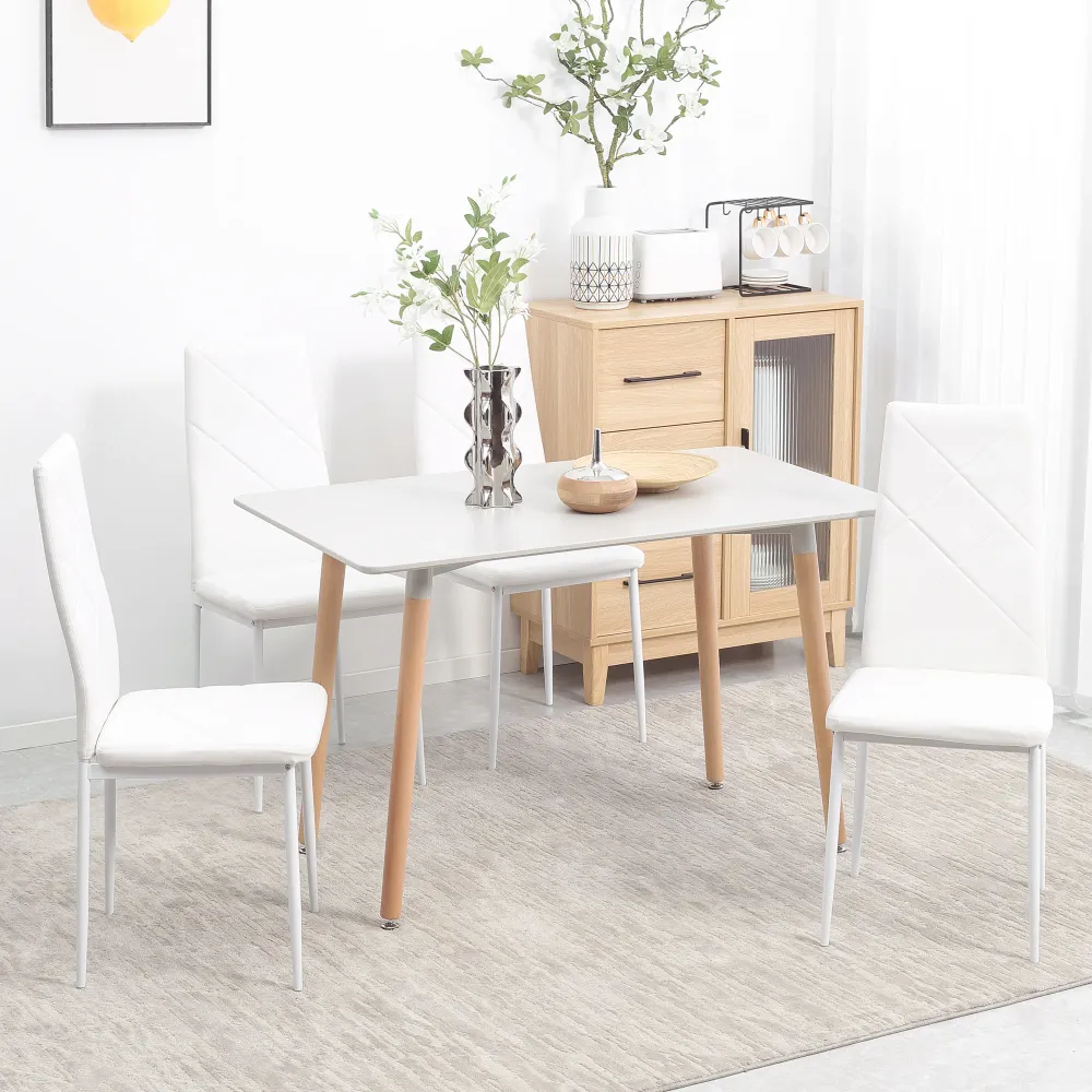 Easycomfort Set di 4 Sedie da Pranzo con Schienale Alto Finta Pelle e Acciaio, 41x50x97cm, Bianco