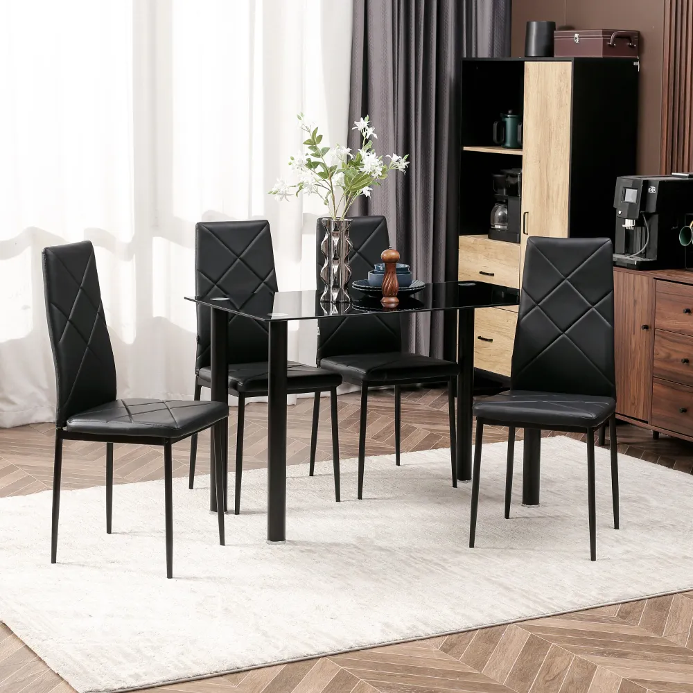 EASYCOMFORT Set di 4 Sedie da Pranzo con Schienale Alto Finta Pelle e Acciaio, 41x50x97cm, Nero