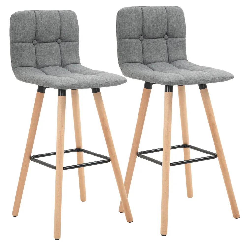 EasyComfort Set 2 Sgabelli Alti da Bar Moderno con Schienale e Poggiapiedi, Seduta Imbottita Tessuto e Gambe Legno, Grigio