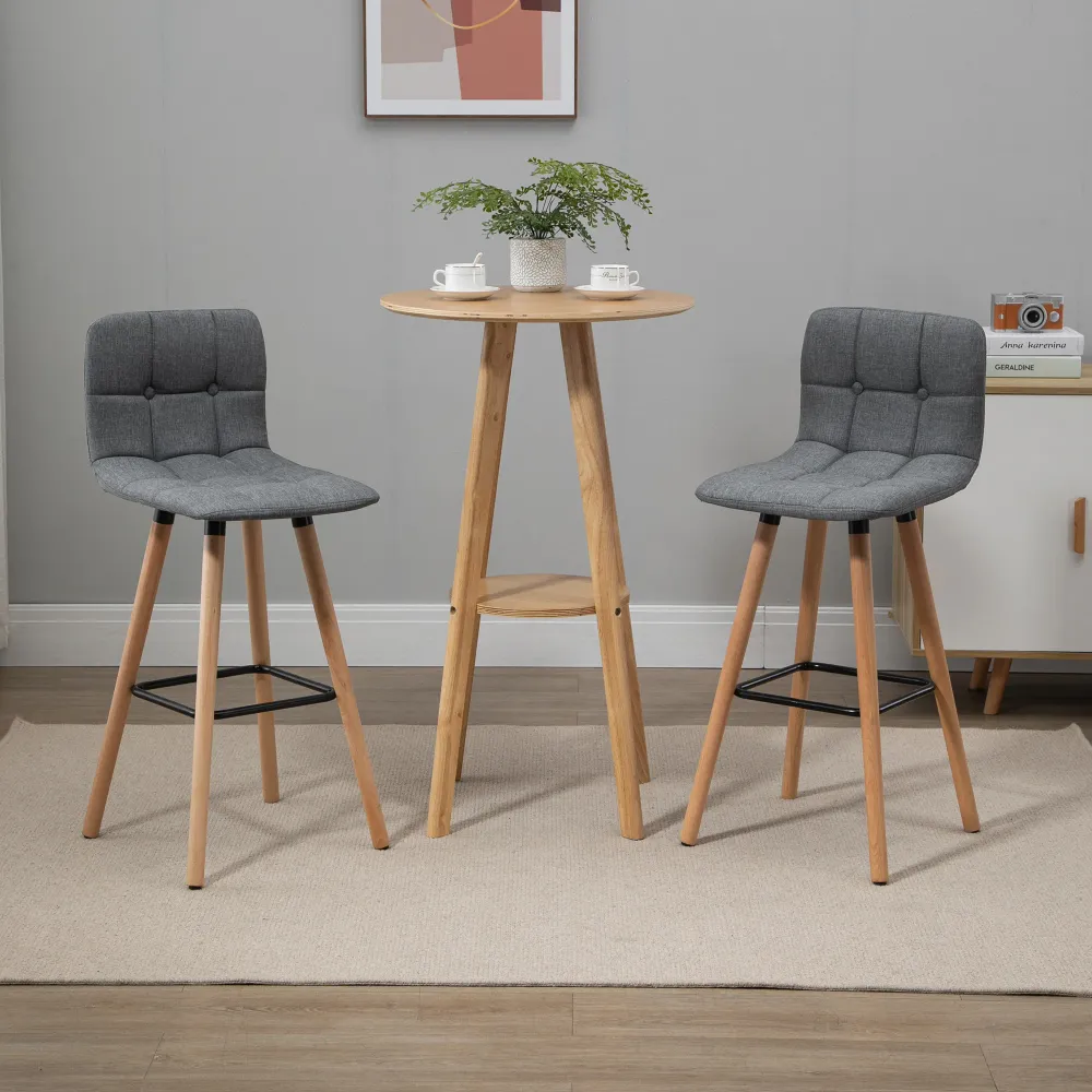 EasyComfort Set 2 Sgabelli Alti da Bar Moderno con Schienale e Poggiapiedi, Seduta Imbottita Tessuto e Gambe Legno, Grigio