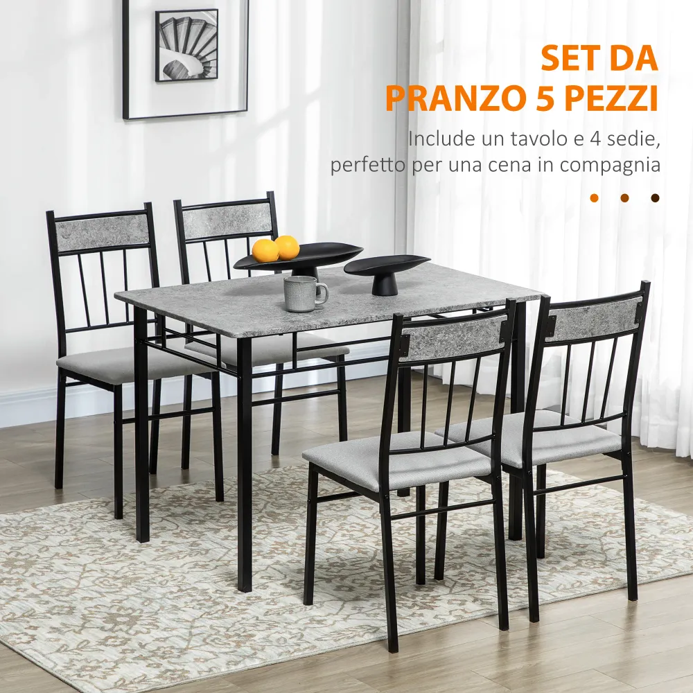 Easycomfort Set Tavolo e Sedie 5pz, Tavolo da Pranzo Rettangolare Metallo e MDF e 4 Sedie da Pranzo Grigio e Nero