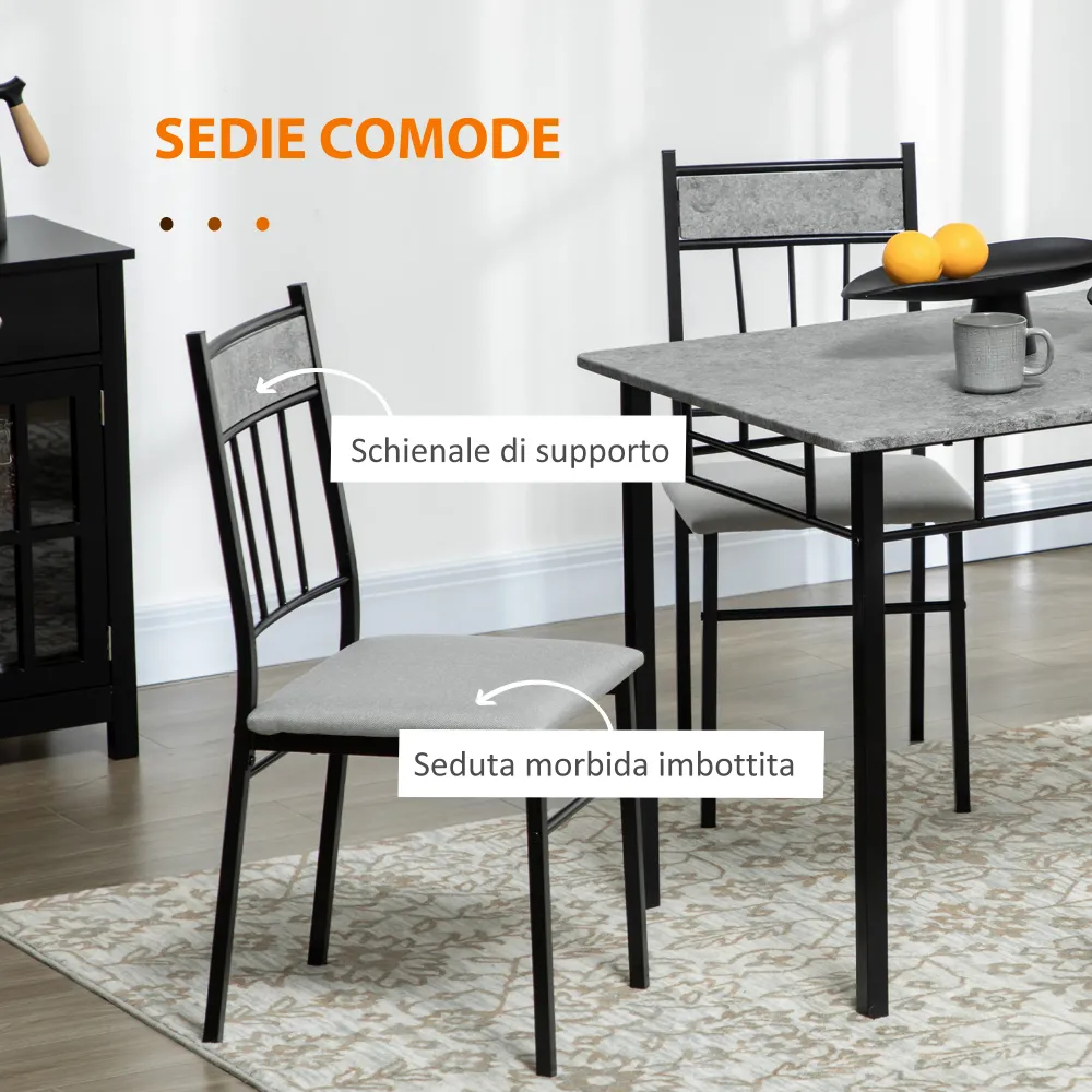 Easycomfort Set Tavolo e Sedie 5pz, Tavolo da Pranzo Rettangolare Metallo e MDF e 4 Sedie da Pranzo Grigio e Nero
