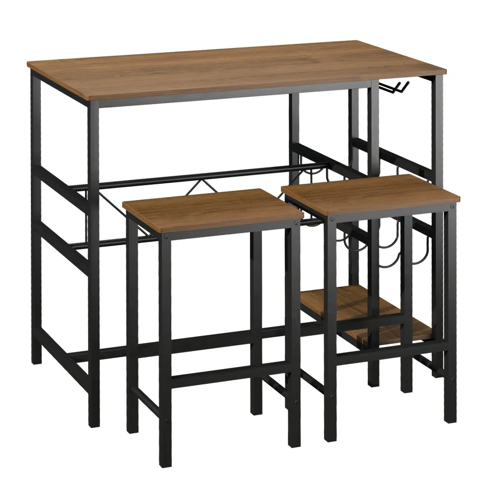 Easycomfort Set Tavolo 2 Sgabelli Alti da Bar Legno Isola Cucina con Portabottiglie e Portabicchieri Stile Industriale