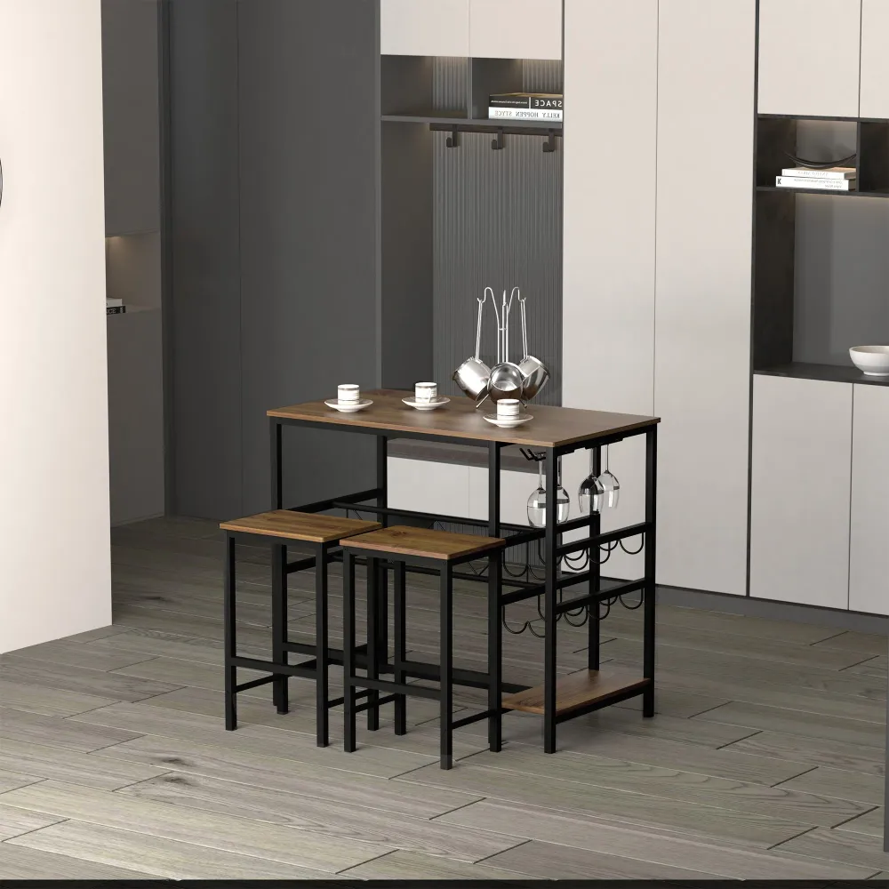 Easycomfort Set Tavolo 2 Sgabelli Alti da Bar Legno Isola Cucina con Portabottiglie e Portabicchieri Stile Industriale