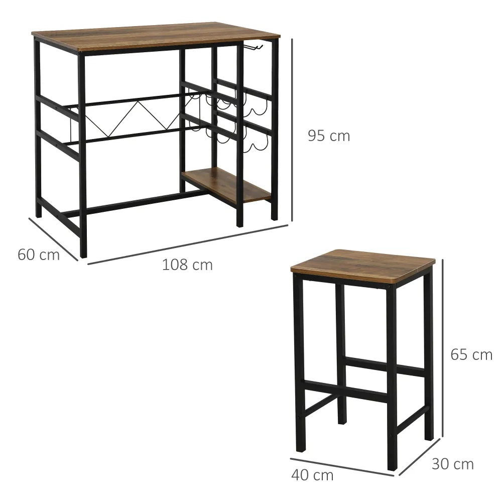 Easycomfort Set Tavolo 2 Sgabelli Alti da Bar Legno Isola Cucina con Portabottiglie e Portabicchieri Stile Industriale