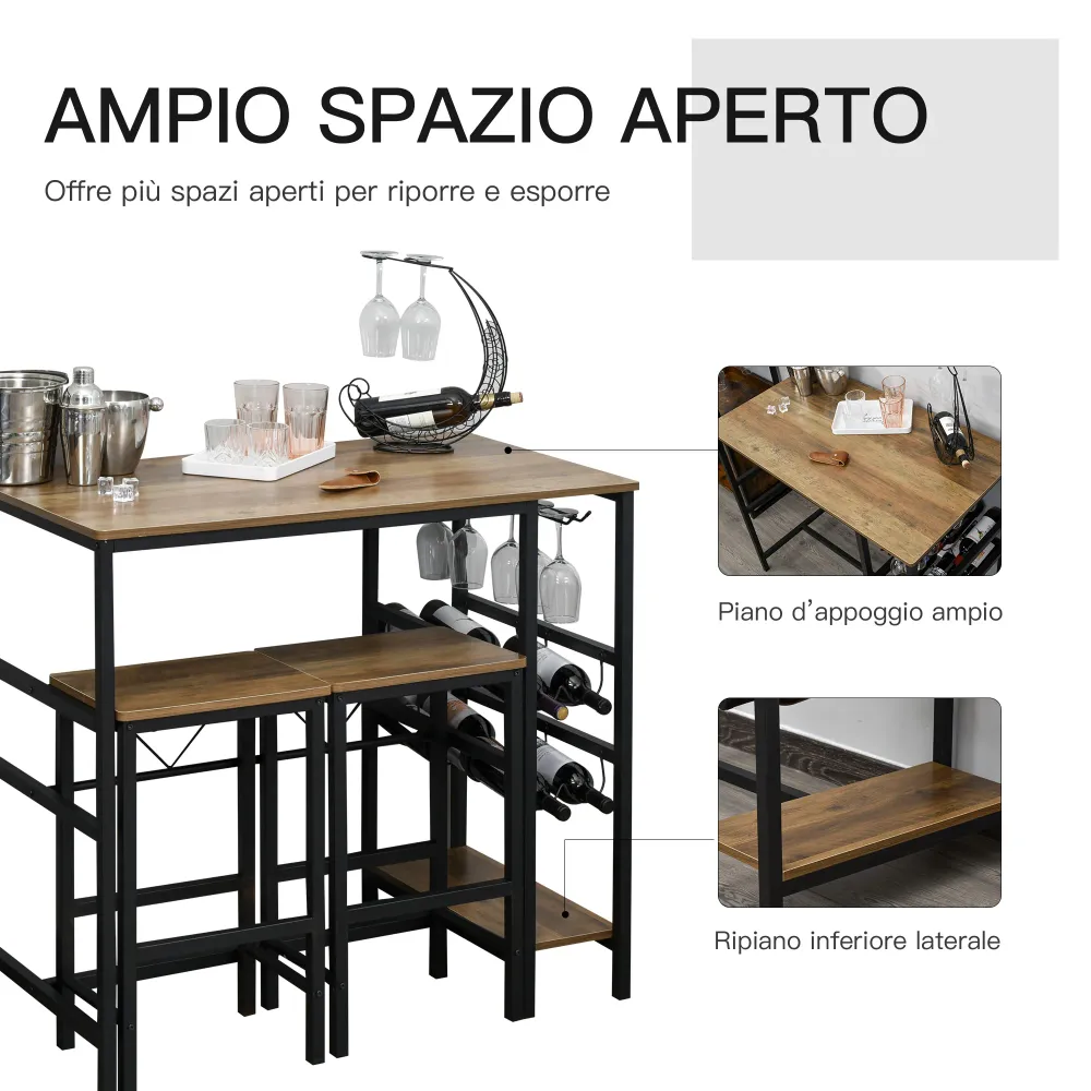 Easycomfort Set Tavolo 2 Sgabelli Alti da Bar Legno Isola Cucina con Portabottiglie e Portabicchieri Stile Industriale