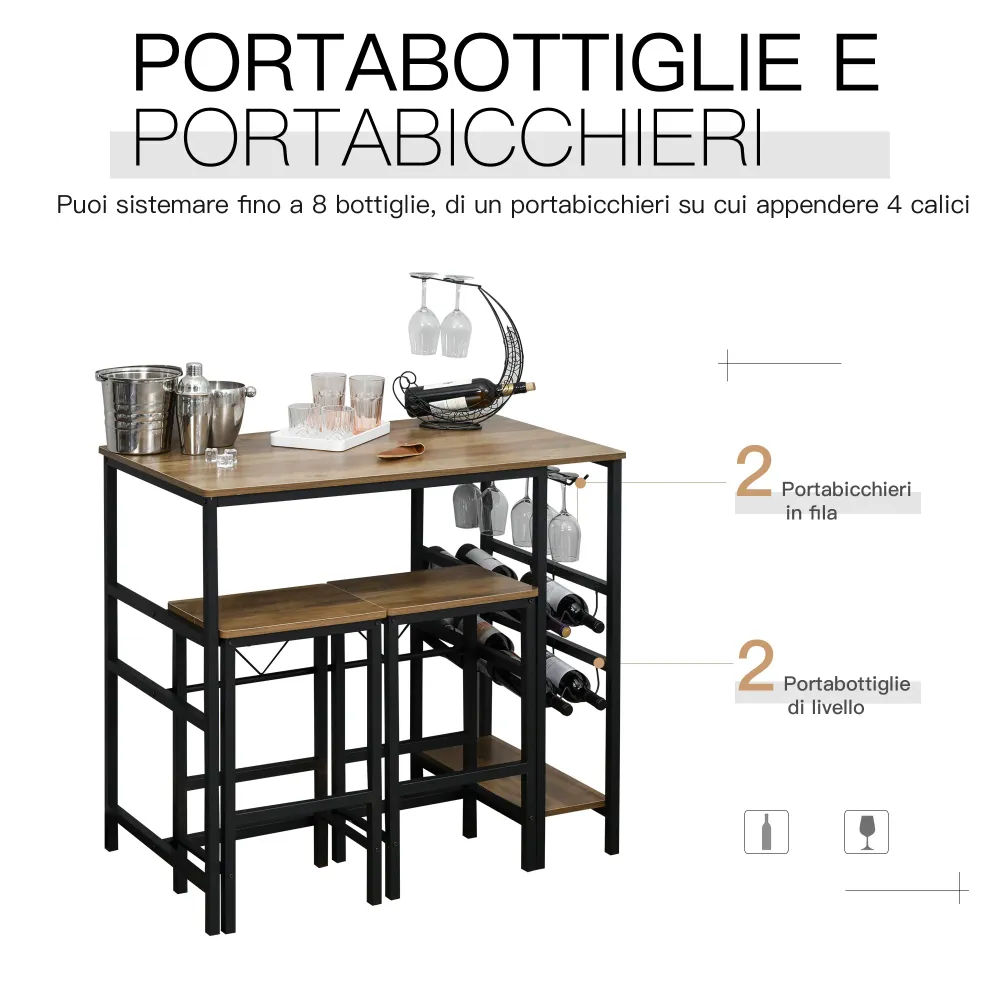Easycomfort Set Tavolo 2 Sgabelli Alti da Bar Legno Isola Cucina con Portabottiglie e Portabicchieri Stile Industriale