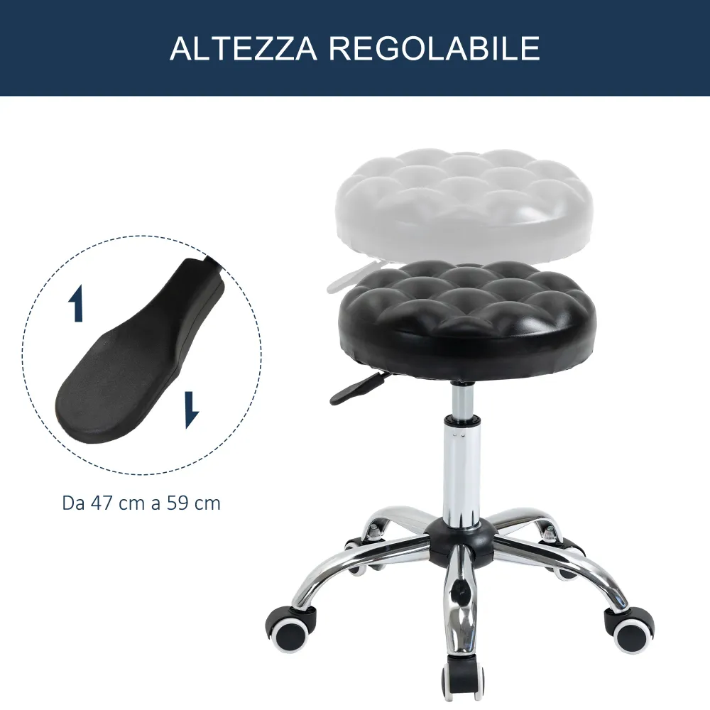 EASYCOMFORT Sgabello ad Altezza Regolabile con 5 Ruote, Acciaio, Gommapiuma e pelle PU, Ф48x47-59Acm