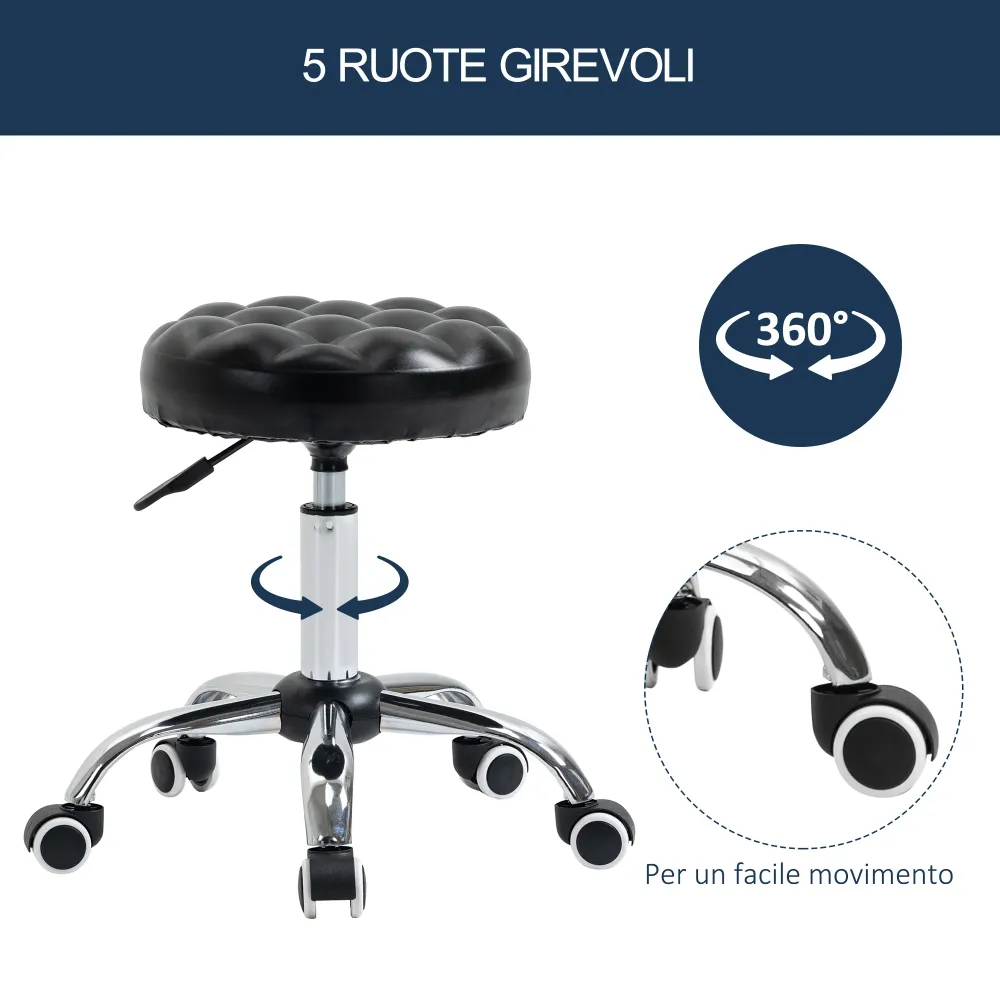 EASYCOMFORT Sgabello ad Altezza Regolabile con 5 Ruote, Acciaio, Gommapiuma e pelle PU, Ф48x47-59Acm