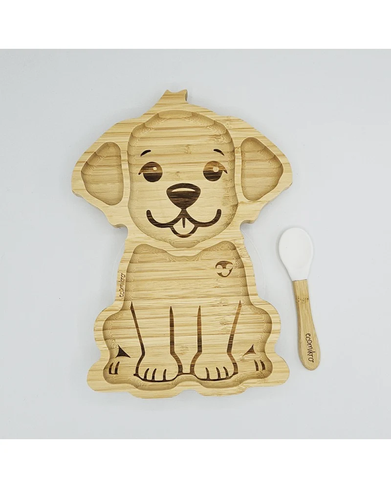 ECOMIKRO - Piatto con cucchiaio bambù CANE - bianco
