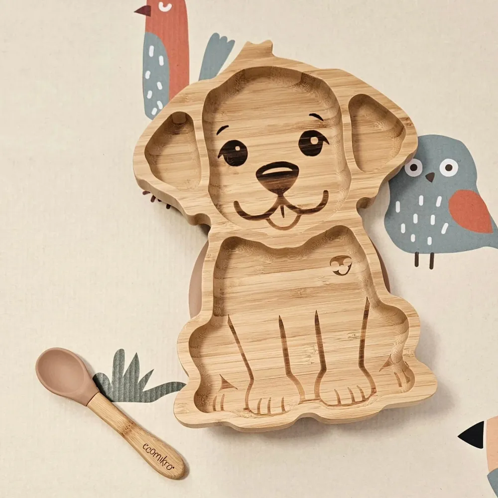 ECOMIKRO - Piatto con cucchiaio bambù CANE - bianco