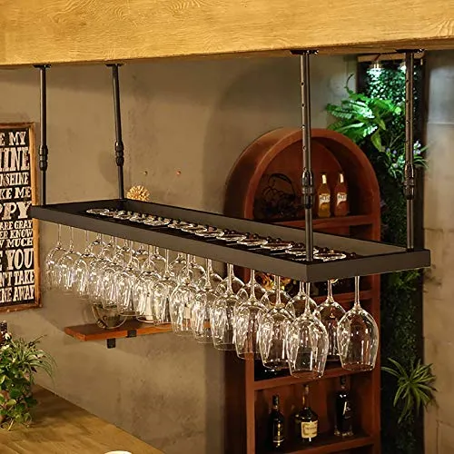 Portavini Scaffale Galleggiante da Bar Vintage Industriale, Portabottiglie per Vino Ferro da Soffitto, Porta-Calice Sospes...