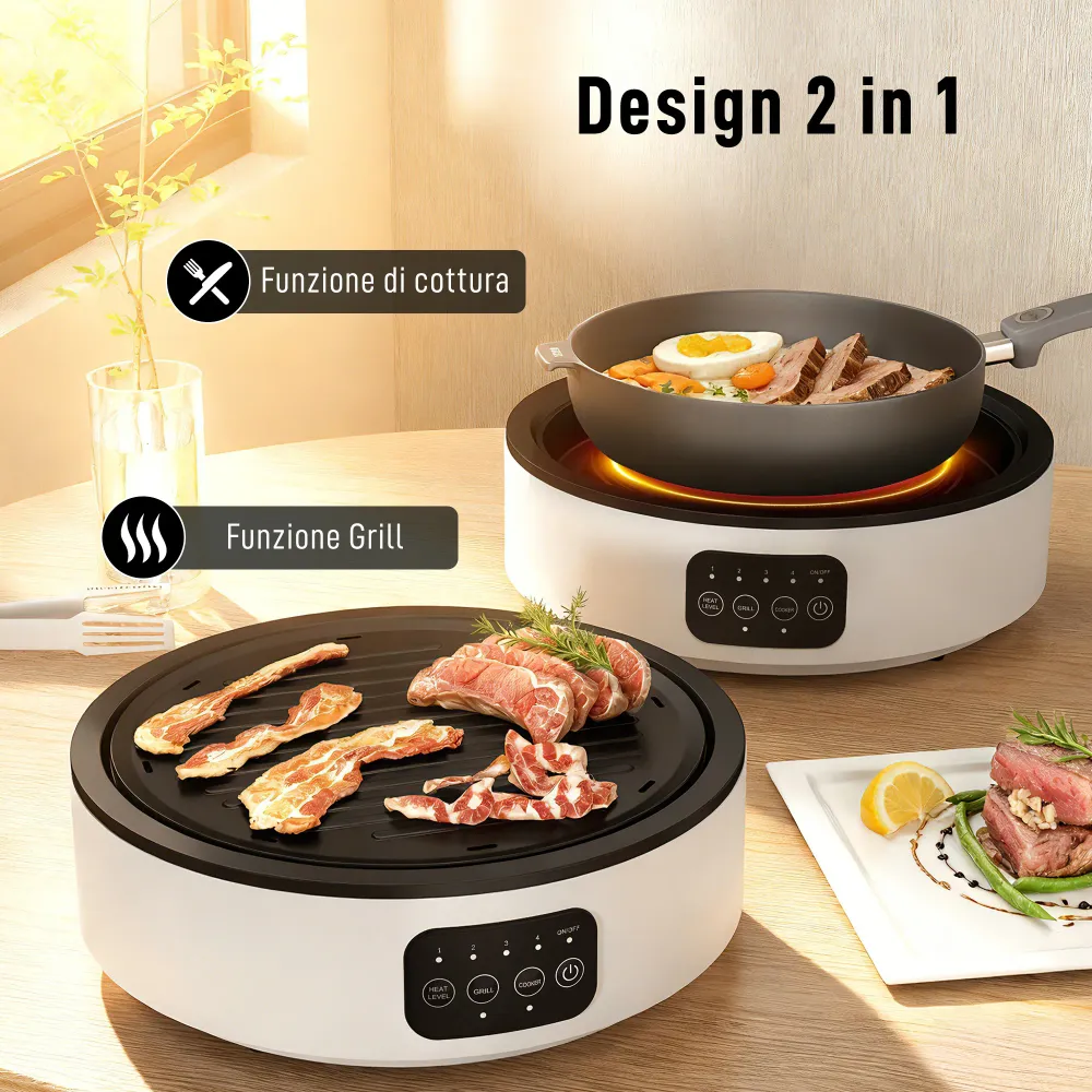 Fornello Elettrico 2000W Infrarossi Doppia Cottura Piastra Elettrica Ceramica e Griglia Ø30 cm Bianco