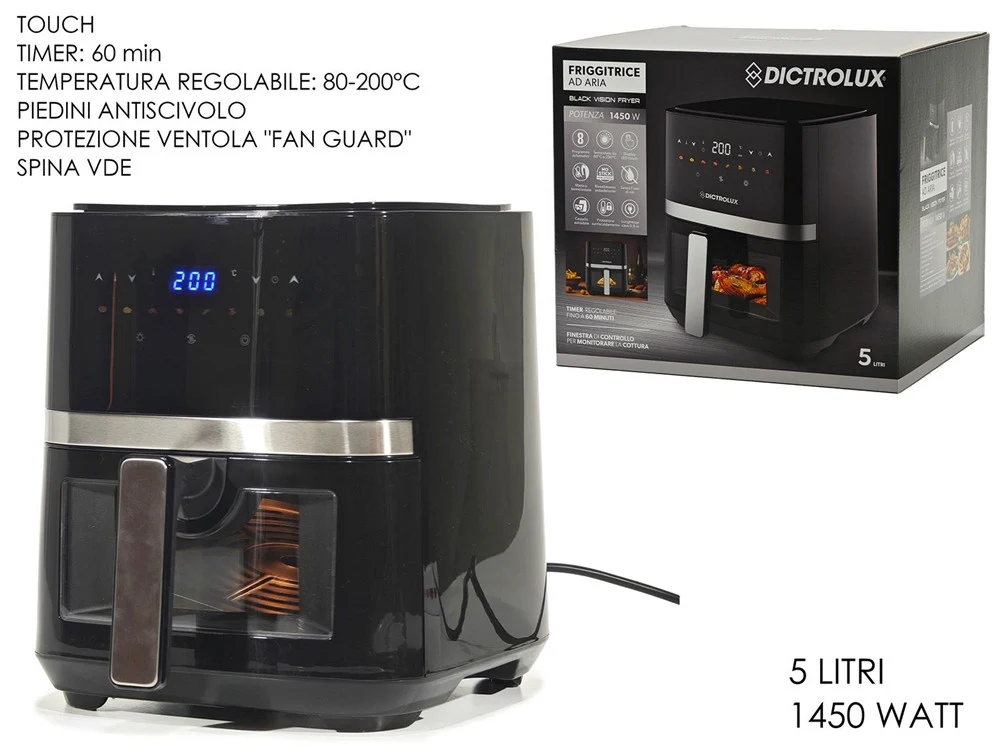Friggitrice Ad Aria 5 Litri 1450 Watt Display Led Touch 8 Programmi Cottura Con Finestra