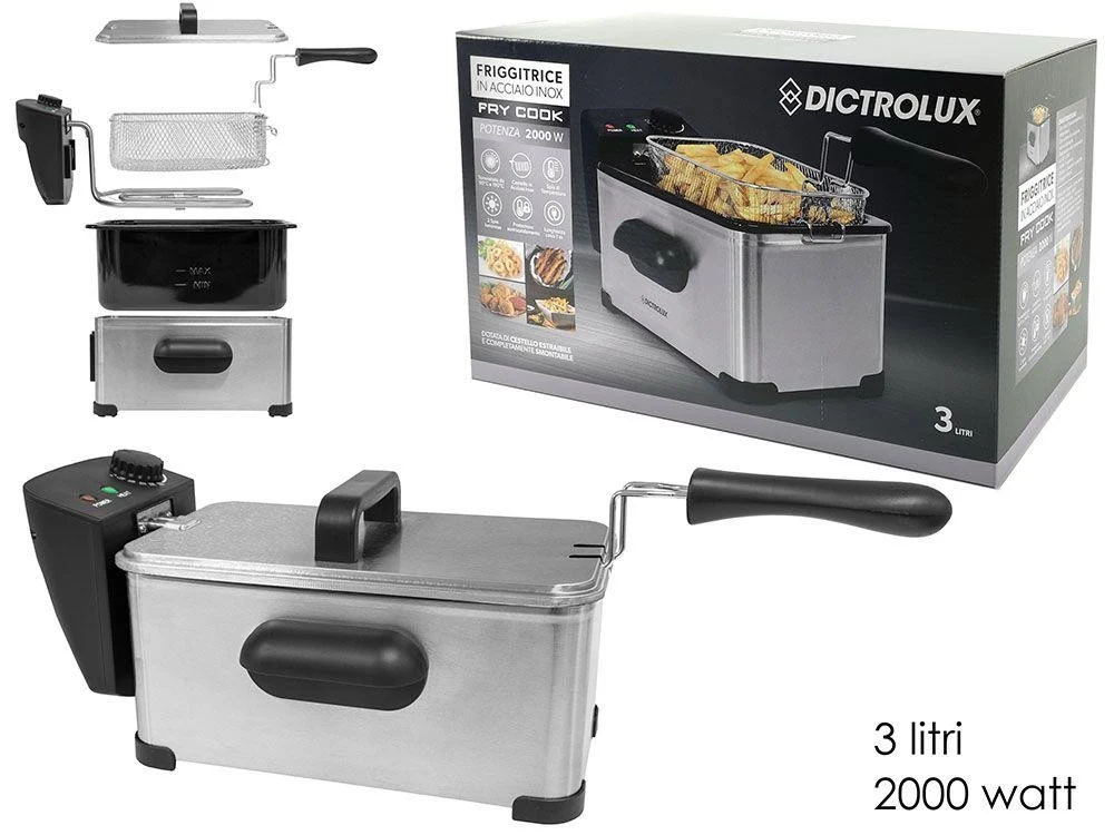 Friggitrice Elettrica Professionale Acciaio Inox Cesto 3lt 2000w Con Maniglia Coperchio