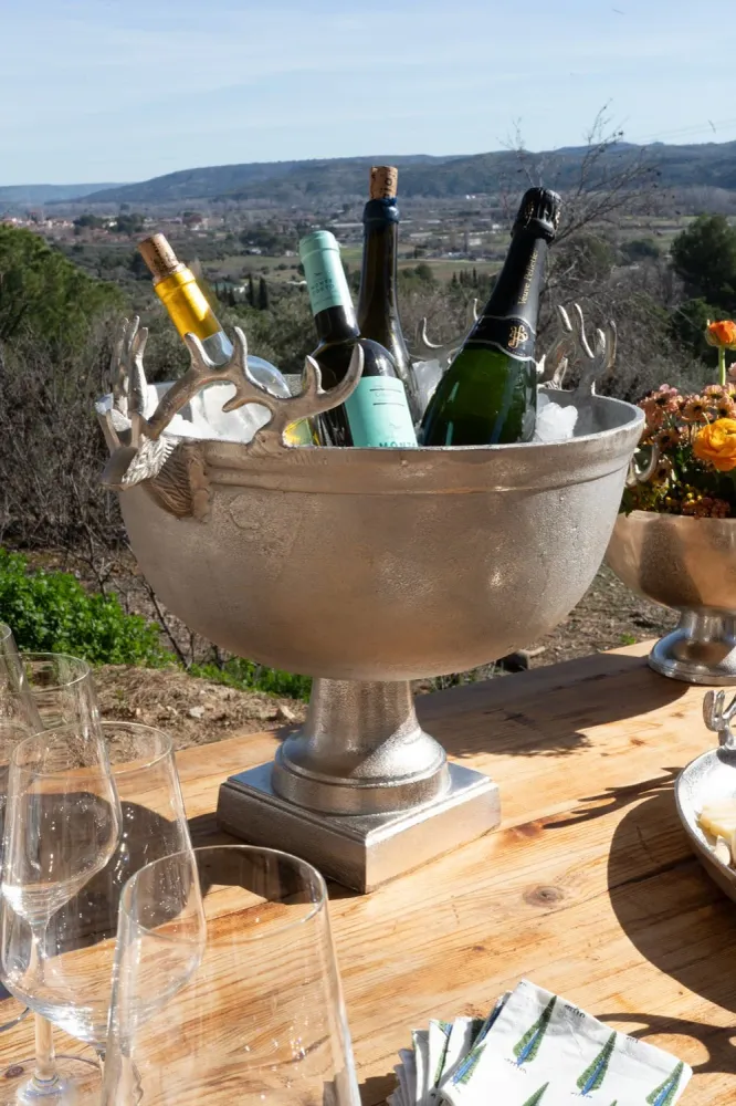 Grande bottiglia di champagne argento con design di piedi e cervi