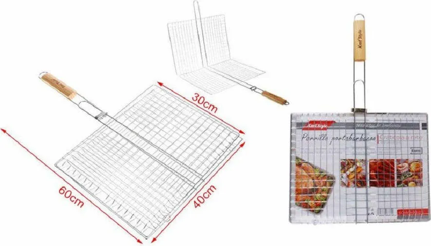 Graticola Griglia Rete Doppia Per Barbecue 60x40x30cm Con Manico Legno 2406339