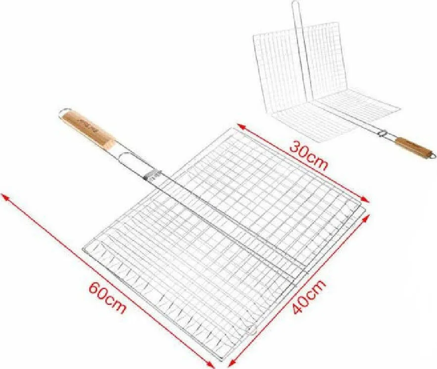 Graticola Griglia Rete Doppia Per Barbecue 60x40x30cm Con Manico Legno 2406339