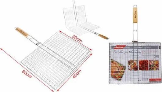 Graticola Griglia Rete Doppia Per Barbecue 60x40x30cm Con Manico Legno 2406339